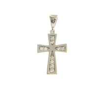 Load image into Gallery viewer, 18K WHITE GOLD 17mm TRIANGLE CROSS WITH WHITE ROUND CUBIC ZIRCONIA.
