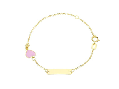 18k yellow gold kid child bracelet enamel heart rolo chain engraving plate.