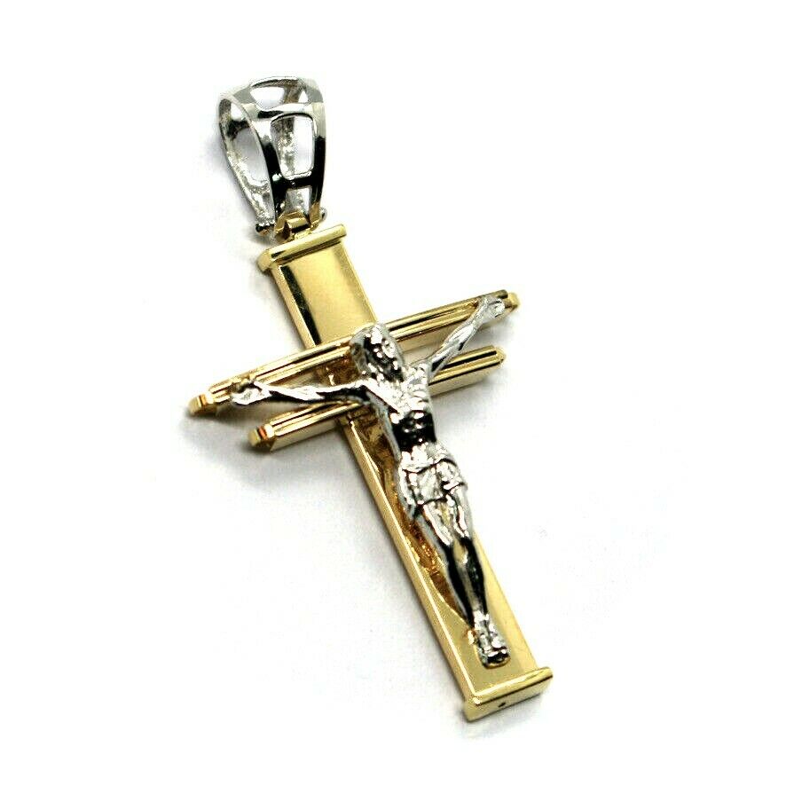 18K YELLOW WHITE GOLD CROSS PENDANT 34mm STYLIZED WITH JESUS, I