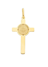 Load image into Gallery viewer, Solid 18k yellow gold flat Cross pendant with Saint Benedict medal length 30 mm.
