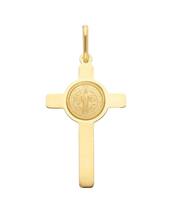 Load image into Gallery viewer, Solid 18k yellow gold flat Cross pendant with Saint Benedict medal length 30 mm.
