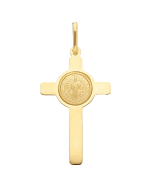 Solid 18k yellow gold flat Cross pendant with Saint Benedict medal length 30 mm.