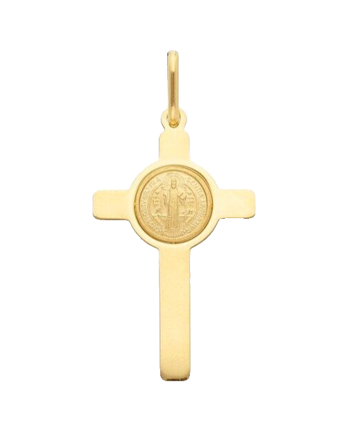 Solid 18k yellow gold flat Cross pendant with Saint Benedict medal length 30 mm.