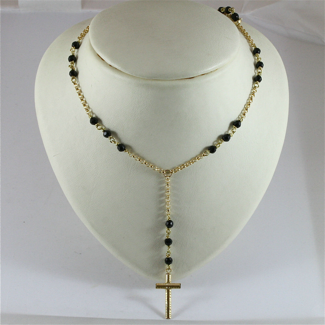 18K YELLOW GOLD CROSS PENDANT, NECKLACE WITH ONYX, MADE IN ITALY.