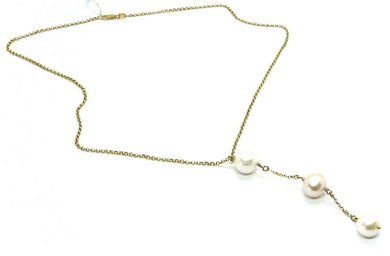 18k yellow gold lariat necklace rolo chain fw round white pink pearl pendant.