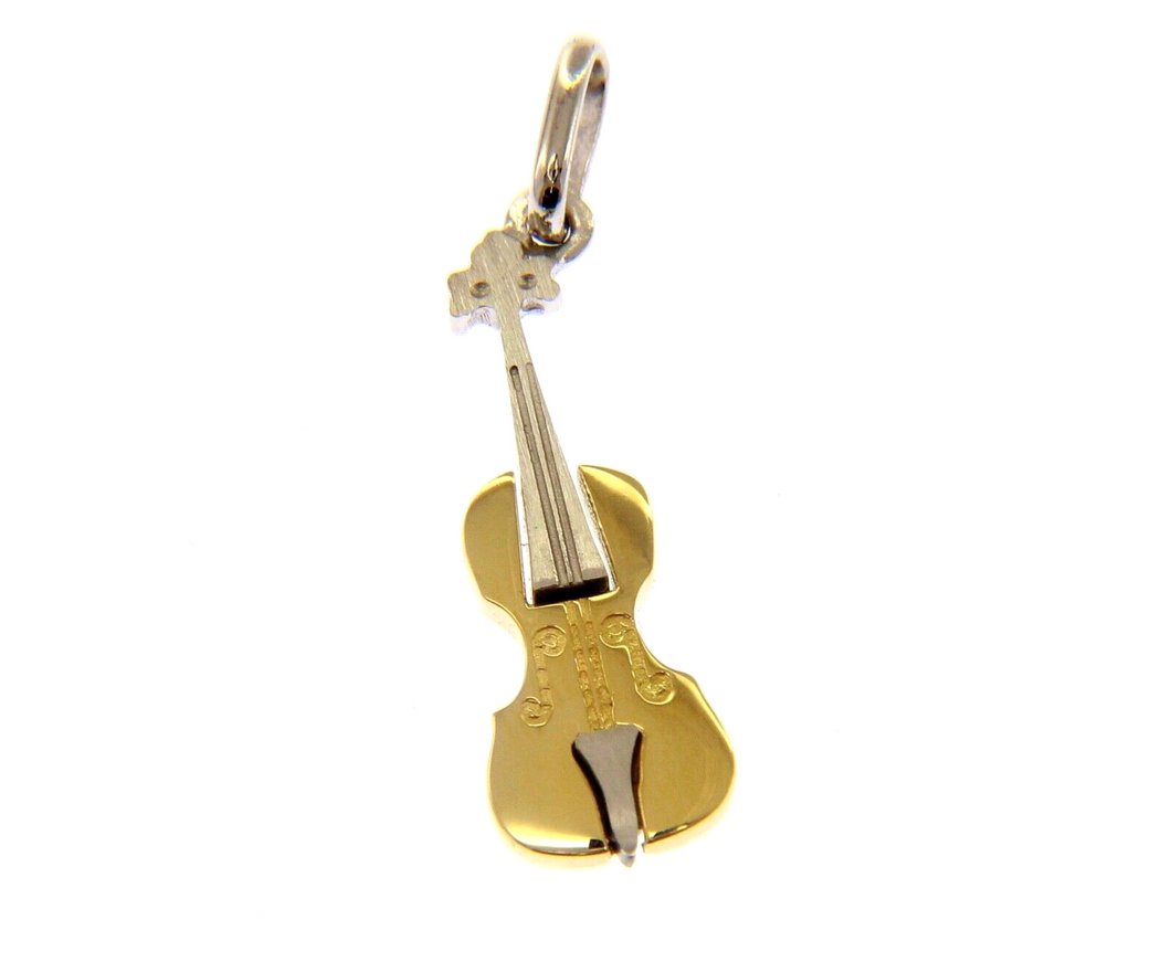 18K YELLOW WHITE GOLD 25mm VIOLIN CHARM PENDANT SMOOTH BRIGHT, MADE IN ITALY.