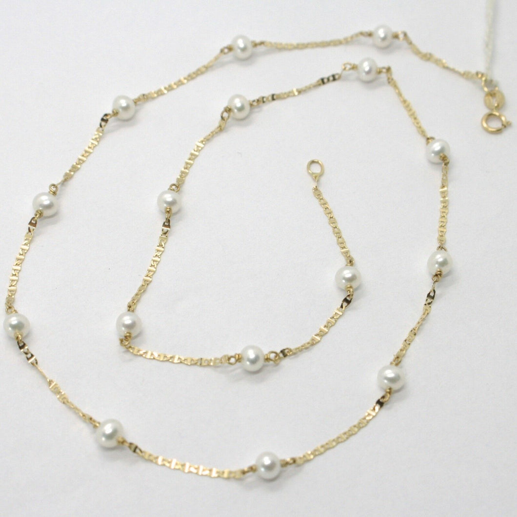 18k yellow gold necklace, oval flat chain alternate with white mini pearls 4 mm