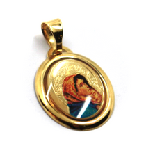 Load image into Gallery viewer, 18k yellow gold enamel oval medal, 17x15mm, Virgin Mary and Jesus Christ.
