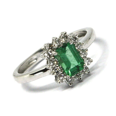 18k white gold rectangular ring, diamond & emerald, made in Italy.
