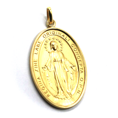 Solid 18k yellow gold Miraculous medal Virgin Mary Madonna big 30x45mm, 1.2x1.8