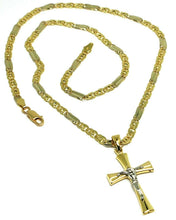 Load image into Gallery viewer, 18K YELLOW WHITE GOLD FLAT TIGER EYE ALTERNATE CHAIN, 20 INCHES &amp; STYLIZED CROSS.
