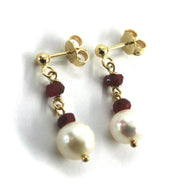 18k yellow gold pendant earrings faceted red ruby, white pearls, 2.5cm, 1
