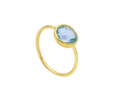 18K YELLOW GOLD SOLITAIRE RING WITH 8mm CENTRAL ROUND CUSHION FACETED BLUE TOPAZ.