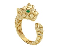 Load image into Gallery viewer, 18K YELLOW GOLD BAND CROSSED FINELY WORKED RING WITH GREEN ENAMEL PANTHER HEAD.
