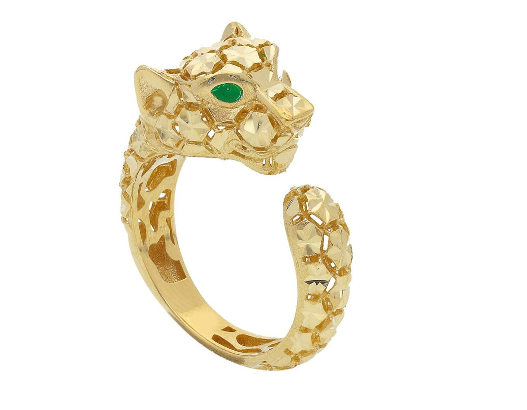 18K YELLOW GOLD BAND CROSSED FINELY WORKED RING WITH GREEN ENAMEL PANTHER HEAD.