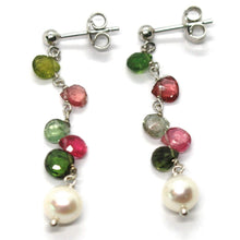 Load image into Gallery viewer, 18k white gold pendant earrings, pearl, green and red drop tourmaline 1.7 inches
