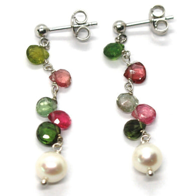 18k white gold pendant earrings, pearl, green and red drop tourmaline 1.7 inches.