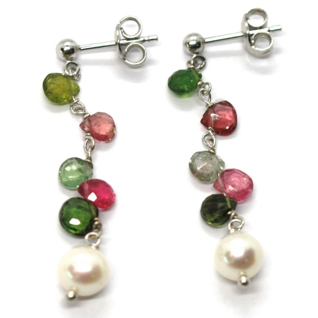 18k white gold pendant earrings, pearl, green and red drop tourmaline 1.7 inches