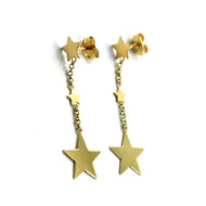 SOLID 18K YELLOW GOLD EARRINGS, 3 PENDANT FLAT STARS, LENGTH 4cm 1.6
