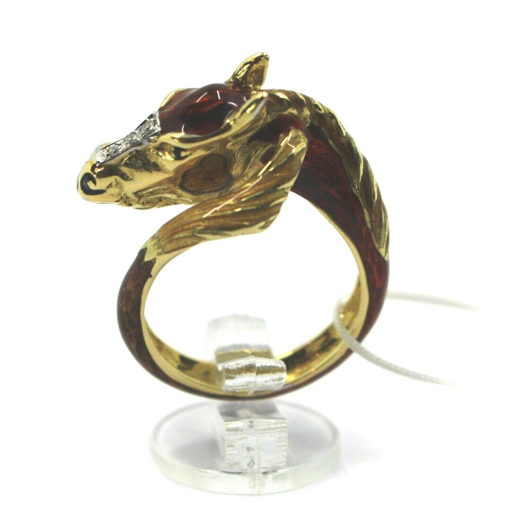 SOLID 18K YELLOW GOLD HORSE BAND RING, FINELY WORKED, ENAMEL, DIAMONDS