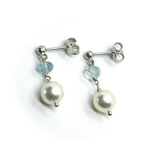 Load image into Gallery viewer, 18k white gold pendant earrings, saltwater Akoya pearls 7.5/8 mm &amp; aquamarine
