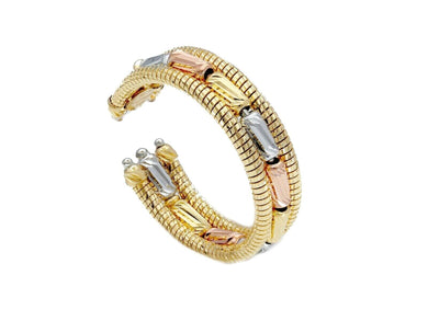 18K YELLOW WHITE ROSE GOLD RING, FINELY WORKED, ALTERNATE FACETED TUBES, 3 WIRES.