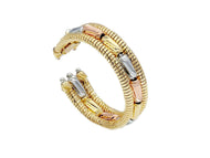 18K YELLOW WHITE ROSE GOLD RING, FINELY WORKED, ALTERNATE FACETED TUBES, 3 WIRES.