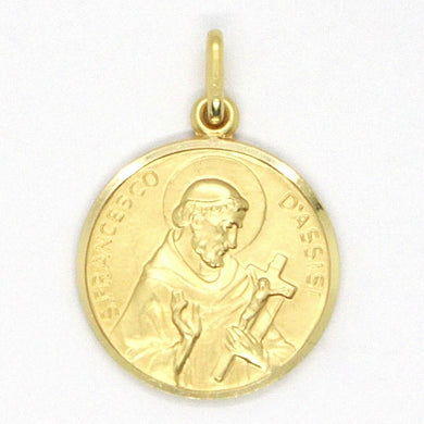 18k yellow gold St Saint Francis Francesco Assisi medal, made in Italy, 17 mm.