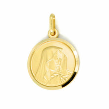 Load image into Gallery viewer, solid 18k yellow gold Our Lady of Sorrows, 13 mm, round medal, Mater Dolorosa Virgin Mary pendant
