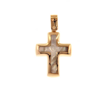 Load image into Gallery viewer, 18k rose gold 20mm rounded stylized cross with mother of pearl pendant.
