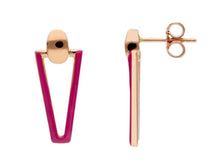 Load image into Gallery viewer, 18K ROSE GOLD PURPLE ENAMEL TRIANGULAR 23mm PENDANT TUBE EARRINGS.
