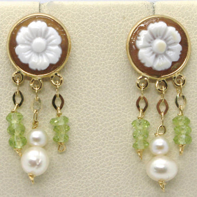 18k yellow gold earrings, peridot circle flower cameo finely handmade in Italy.