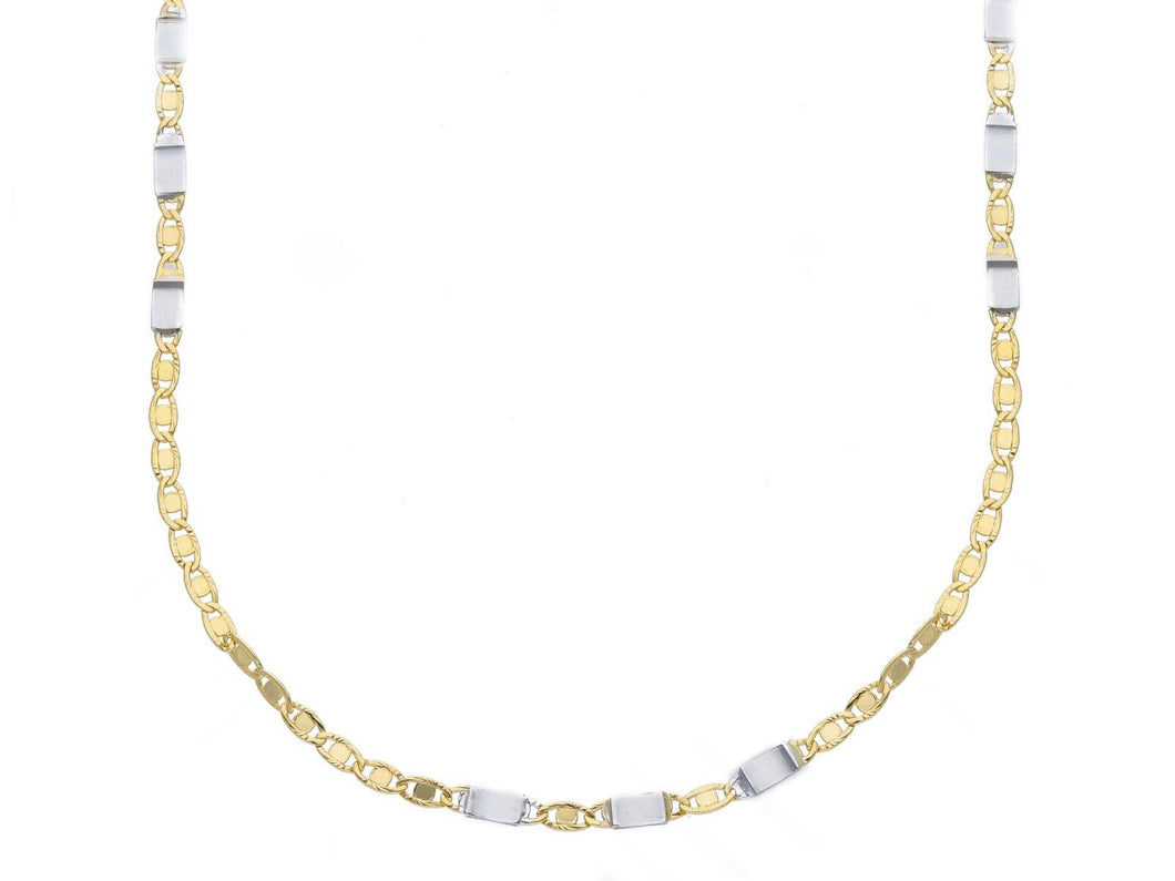 18K YELLOW WHITE GOLD FLAT CHAIN NECKLACE 2mm SMALL OVALS AND PLATES, 24