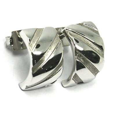 18k white gold earrings, half circle, curved rectangle alternate oblique strips.