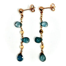 Load image into Gallery viewer, solid 18k rose gold pendant earrings, london blue topaz drops, length 5cm 2&quot;
