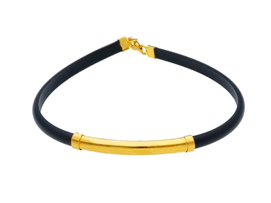 18K YELLOW GOLD BRACELET 5mm ROUND HALF TUBE SMOOTH PLATE & BLACK RUBBER, 8.3
