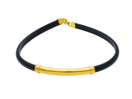 18K YELLOW GOLD BRACELET 5mm ROUND HALF TUBE SMOOTH PLATE & BLACK RUBBER, 8.3
