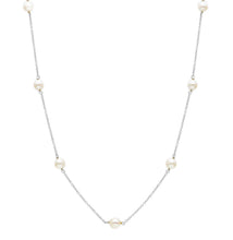Load image into Gallery viewer, 18k white gold necklace, rolo 1mm chain alternate white small pearls 5mm.
