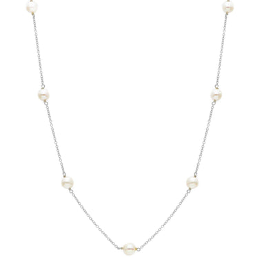 18k white gold necklace, rolo 1mm chain alternate white small pearls 5mm.