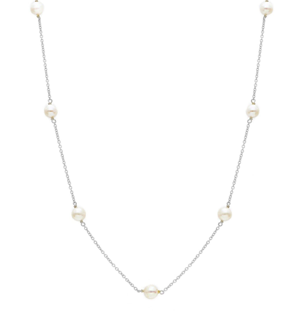 18k white gold necklace, rolo 1mm chain alternate white small pearls 5mm.