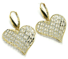 Load image into Gallery viewer, 18K YELLOW WHITE GOLD PENDANT EARRINGS ONDULATE WORKED HEART, SHINY, STRIPED.
