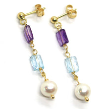 Load image into Gallery viewer, 18k yellow gold pendant earrings, pearl, blue topaz, amethyst, 1.54 inches.
