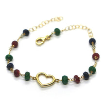 Cargar imagen en el visor de la galería, 18k yellow gold anklet alternate 4mm emerald sapphire ruby with heart, 9.8&quot; 25cm.
