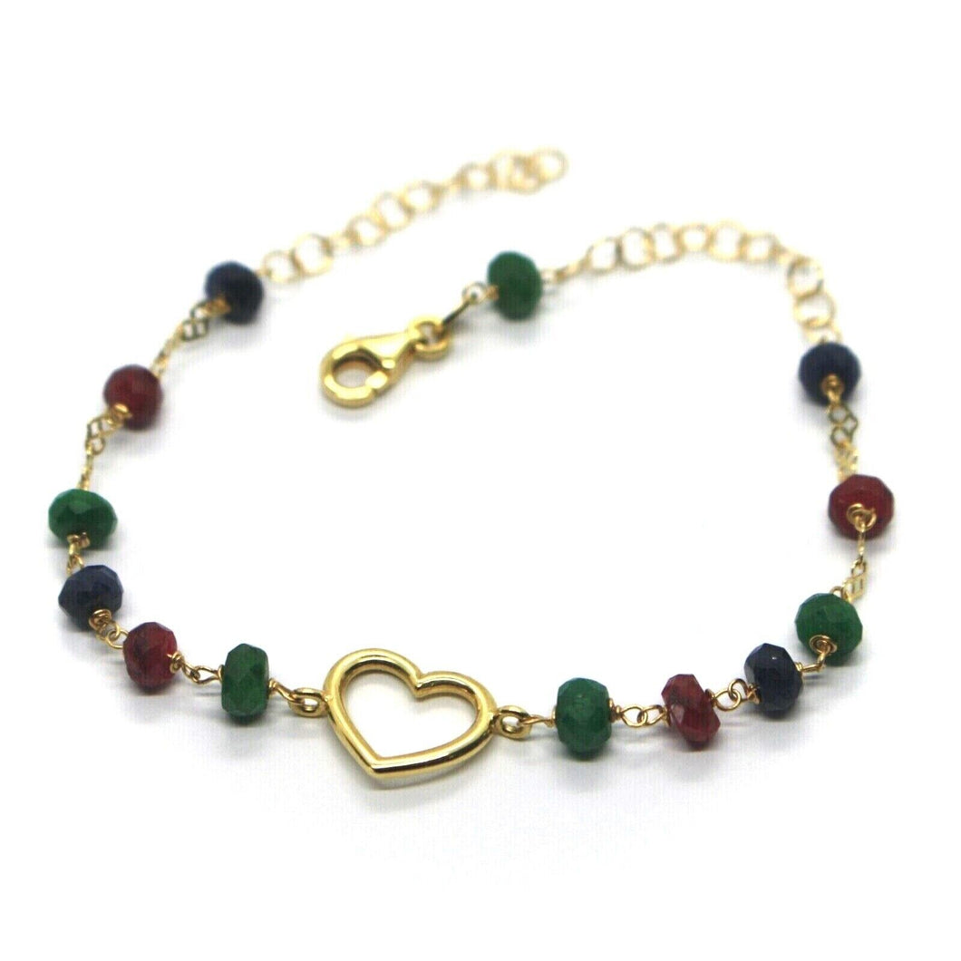 18k yellow gold anklet alternate 4mm emerald sapphire ruby with heart, 9.8