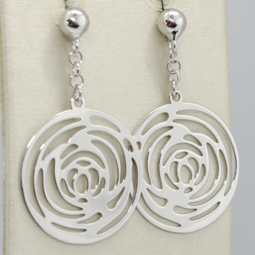 SOLID 18K WHITE GOLD PENDANT EARRINGS, FLOWER ROSE WORKED DISC, MADE IN ITALY