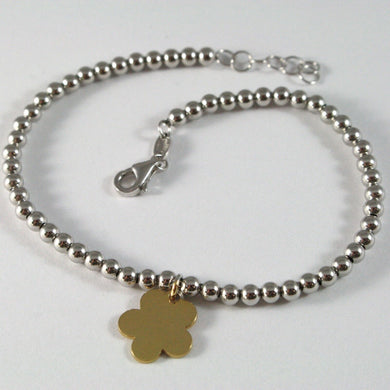 18k YELLOW WHITE GOLD BRACELET SMOOTH BRIGHT BALLS & DAISY FLOWER MADE IN ITALY.
