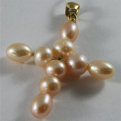 SOLID 18K YELLOW GOLD PENDANT, 2,28 X 1,57 In, CROSS, ROUND & DROP ROSE PEARLS..