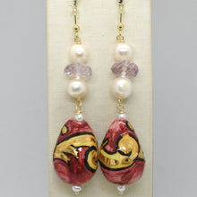 Load image into Gallery viewer, 18k yellow gold earrings amethyst pearl &amp; ceramic big drop hand painted in italy.
