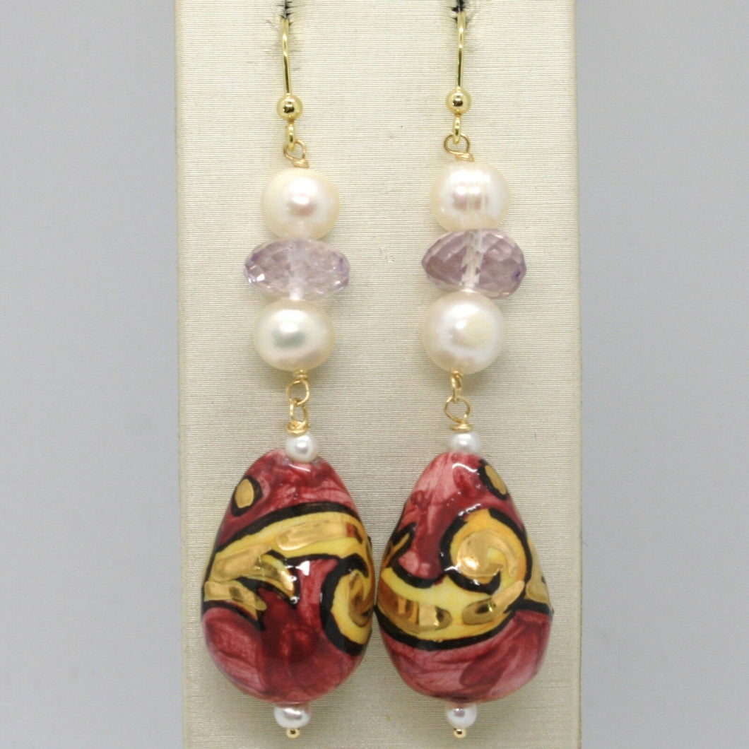 18k yellow gold earrings amethyst pearl & ceramic big drop hand painted in italy.
