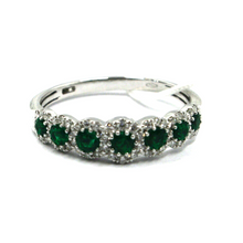 Load image into Gallery viewer, 18k white gold band ring with round green emeralds 0.45ct &amp; diamonds 0.28ct.
